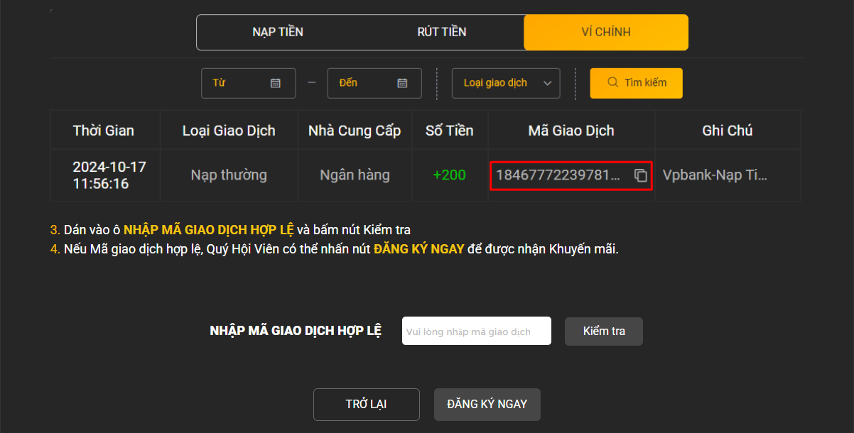 Sao chép chính xác phần mã giao dịch hiển thị trong cột Mã Giao Dịch.